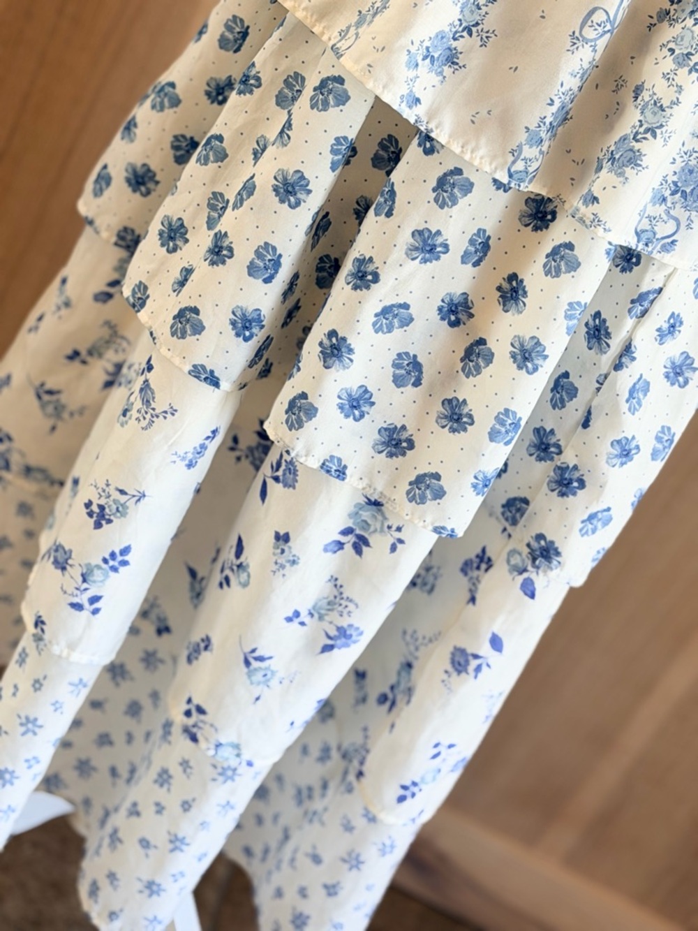Crystal Doll Blue Floral Mixed Media Dress. Tiered | Fairy | Ecru & Blue Sz-S - Picture 5 of 9